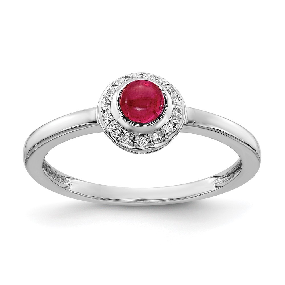 14k White Gold Diamond and Cabochon Red Ruby (July Birthstone) Ring (Size 7)